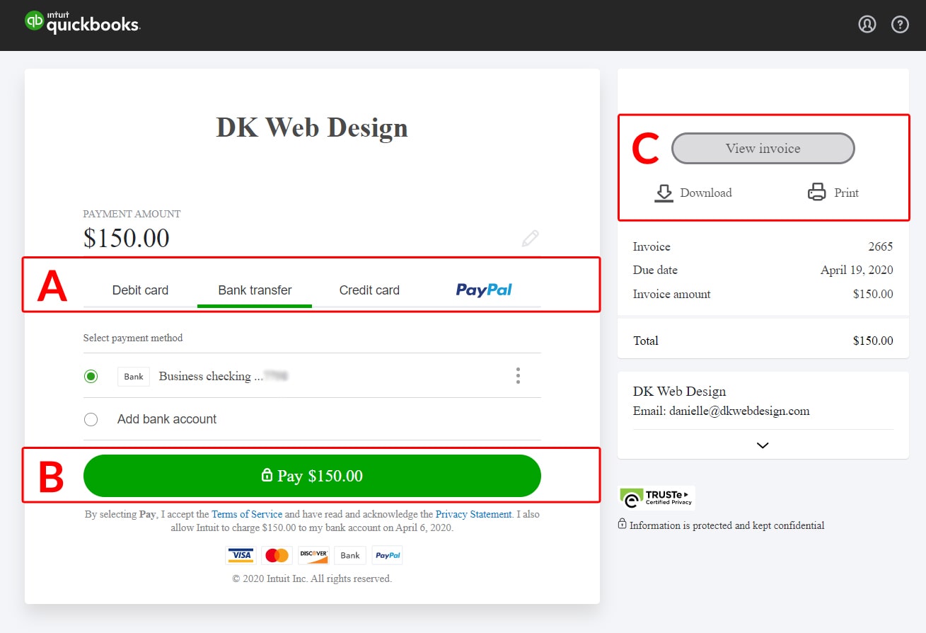 Screenshot of Quickbooks Payment Screen